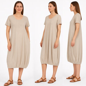 Saga Tan Linen Stretch Knit‎ Bubble Hem Dress Pockets Lagenlook Loose Fit Medium